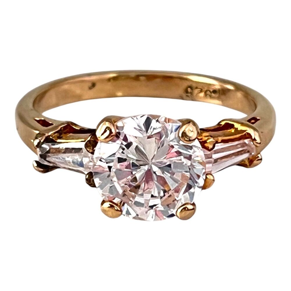Vintage 1980s CZ Solitaire Ring Accent Stone Gold Plated Sterling NOS - 10I